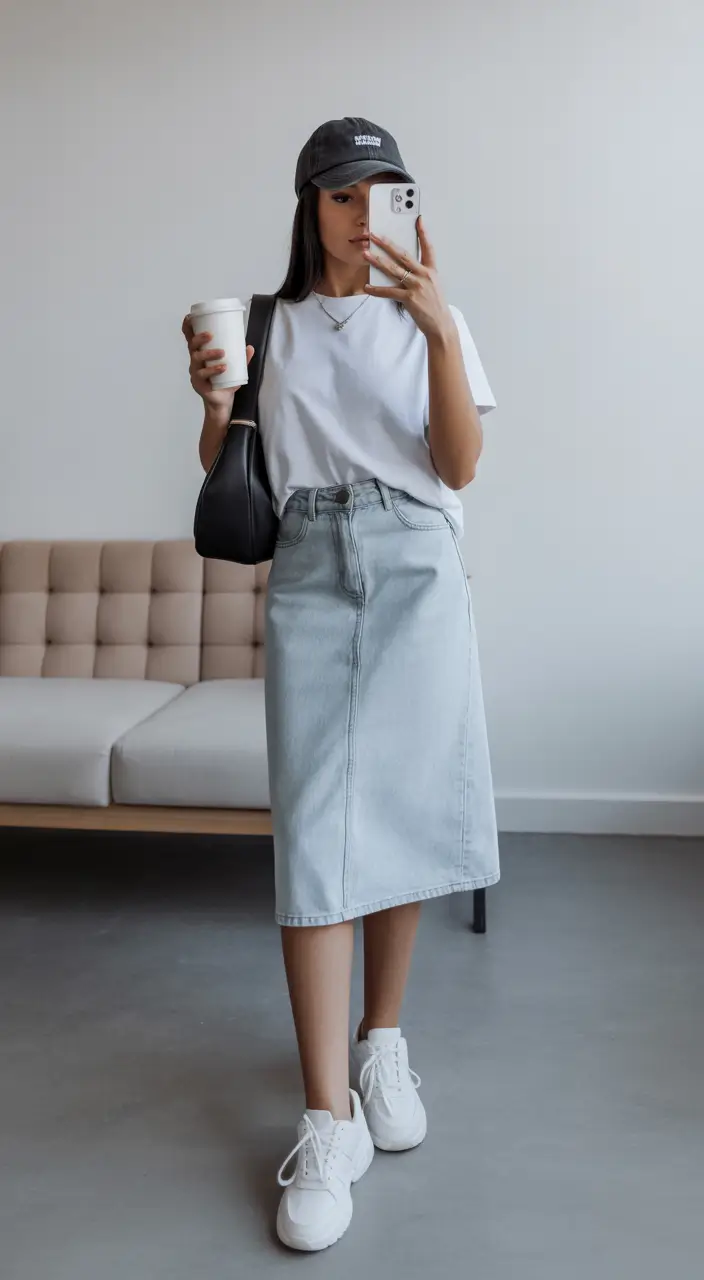 sneakers spring outfit Minimal Denim Skirt with Off-Duty Ease