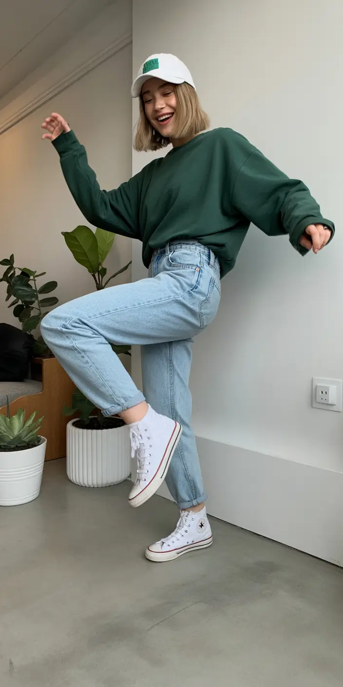 sneakers spring outfit Relaxed Denim and Playful Green Energy