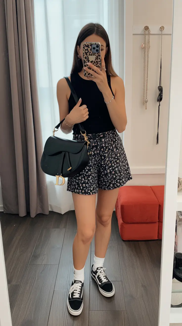 sneakers spring outfit Black Basics Meet Playful Prints