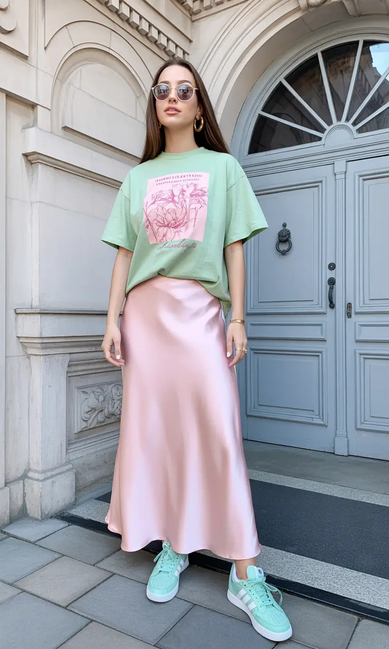 sneakers spring outfit Satin Skirts and Sporty Confidence