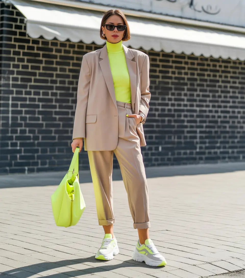 sneakers spring outfit Neon Accents Inside Classic Tailoring