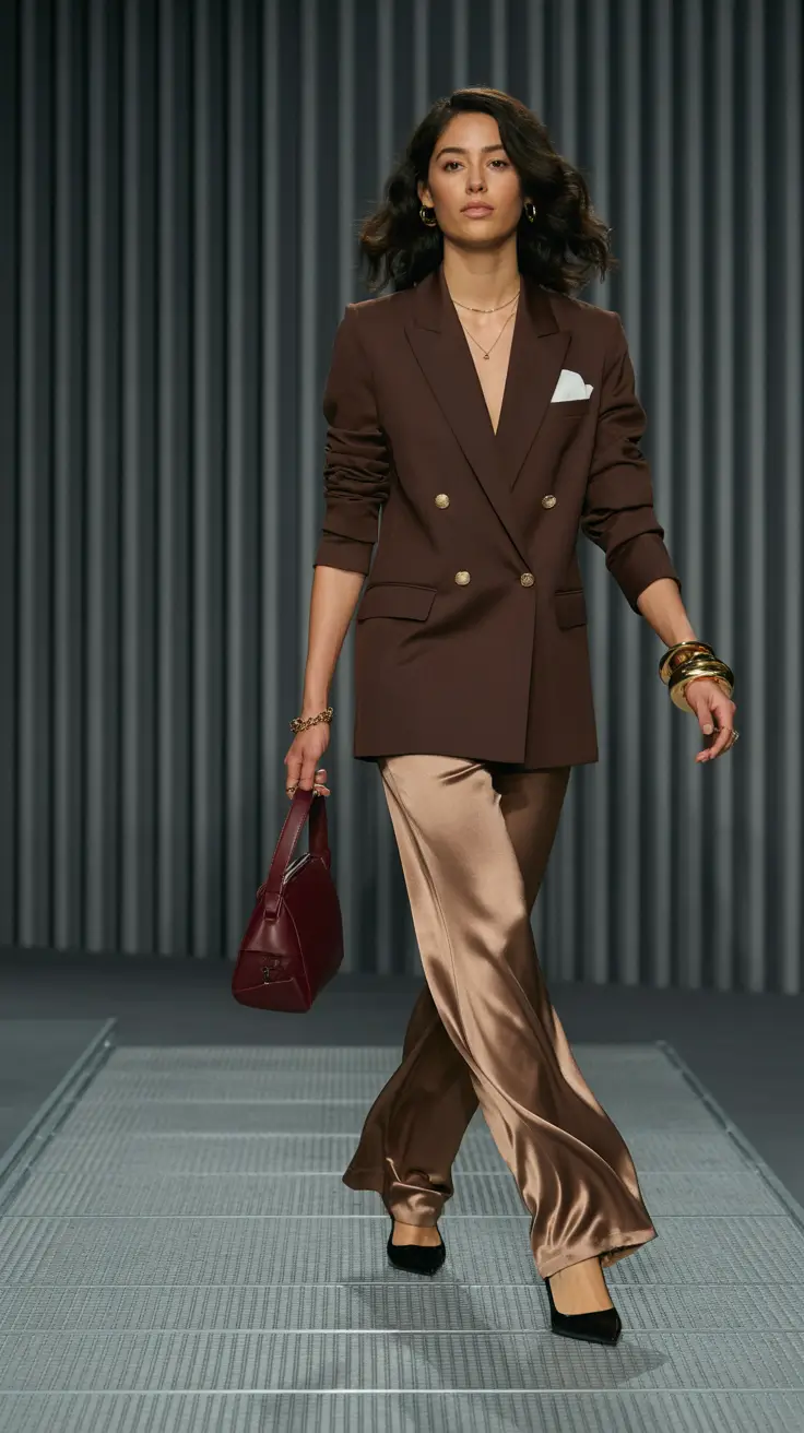 Spring blazer outfits Chocolate Blazer With Fluid Satin Trousers