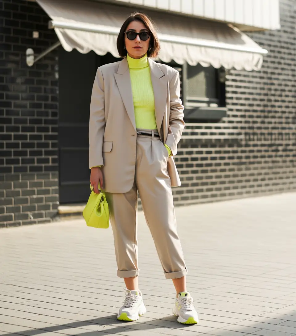Spring blazer outfits Neutral Suiting With a Neon Wake-Up Call