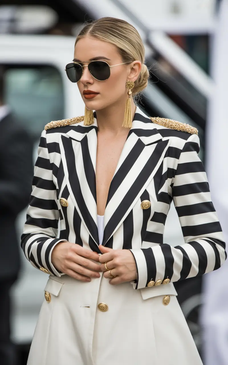 Spring blazer outfits Graphic Stripes With Parisian Drama