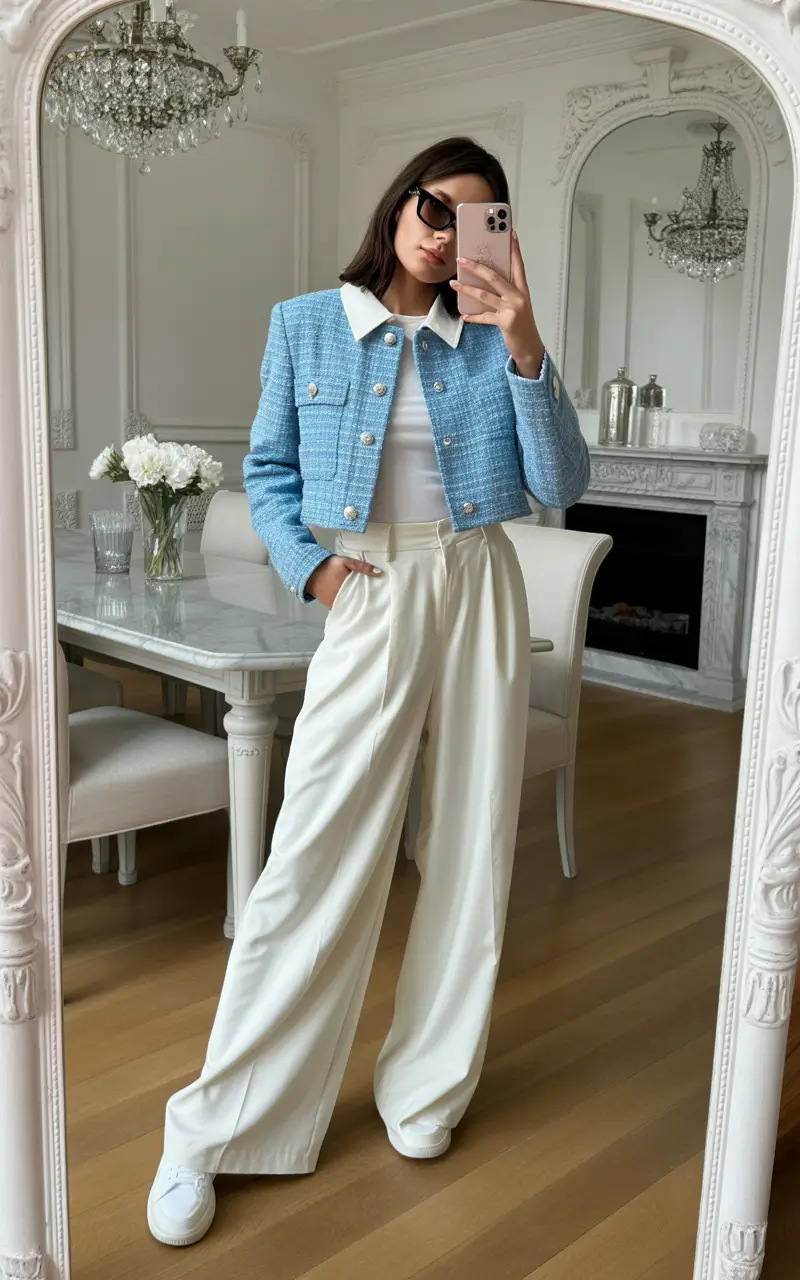 Spring blazer outfits Parisian Blue Tweed Meets Everyday Ease