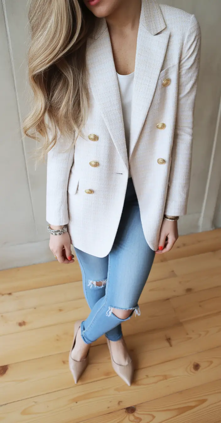 Spring blazer outfits Classic Cream Blazer With Relaxed Denim