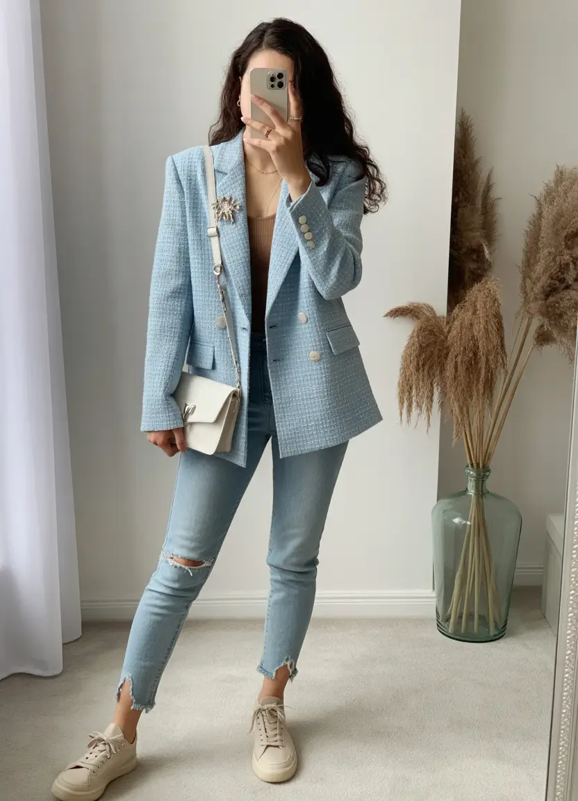 Spring blazer outfits Light Blue Tweed With Everyday Denim