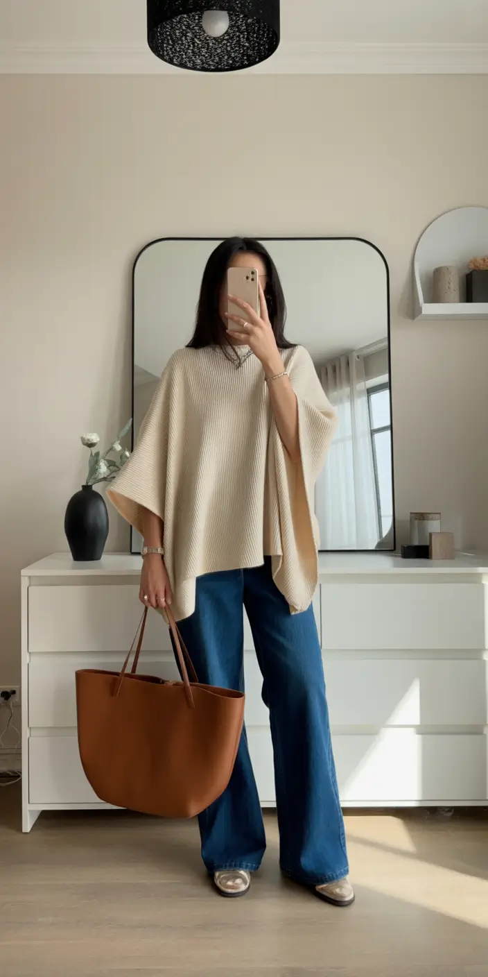 spring mom outfits Soft Knit Poncho for Effortless Spring Comfort