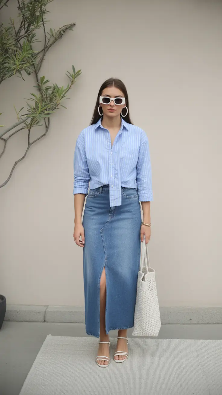 spring mom outfits Denim Skirt Elegance