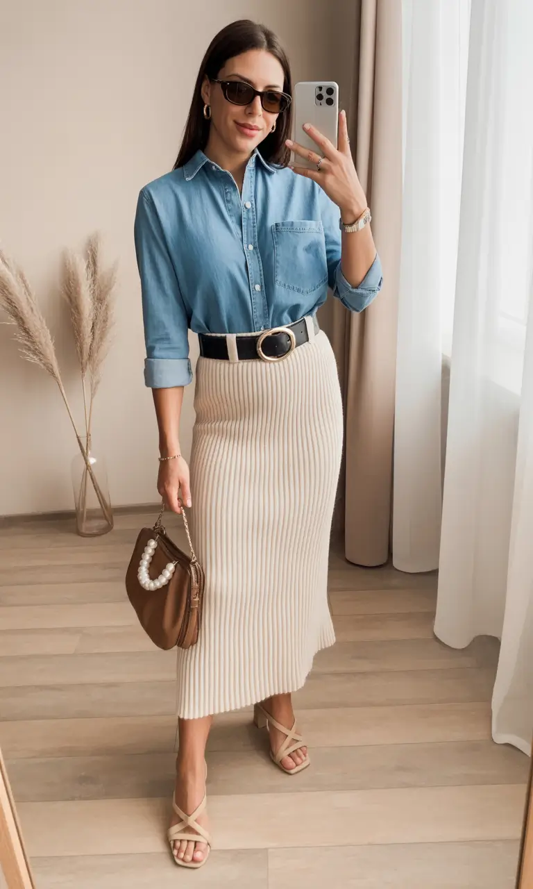 Spring Office Outfits Denim Shirts Paired With Soft Skirts