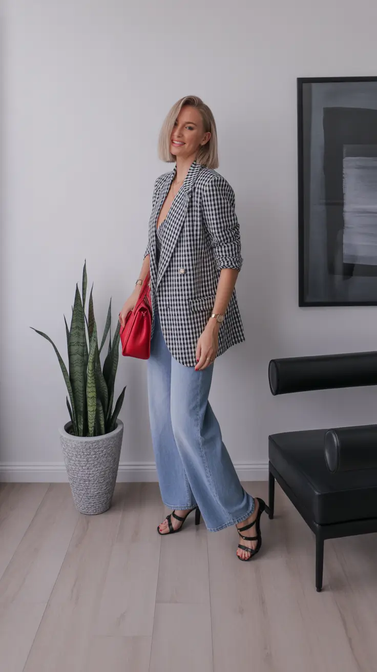 Spring Office Outfits Checked Blazers With Denim for Polished Casual Workdays