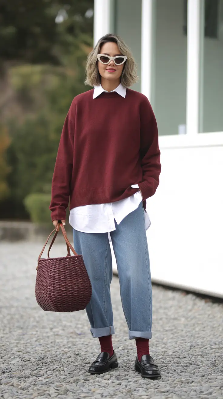 Spring Outfits for Women Over 40 Burgundy Denim Layers