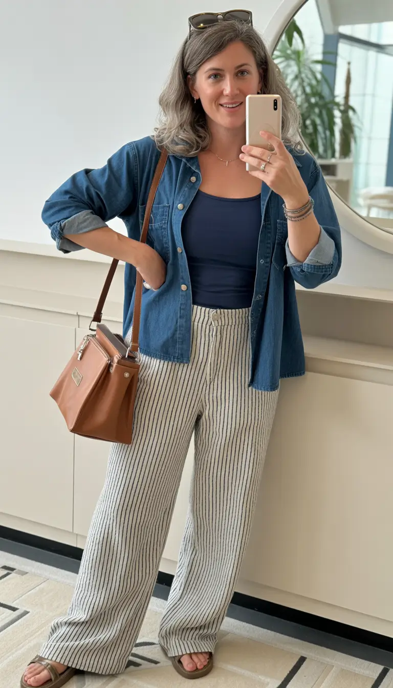 Spring Outfits for Women Over 50 Casual Denim Stripes