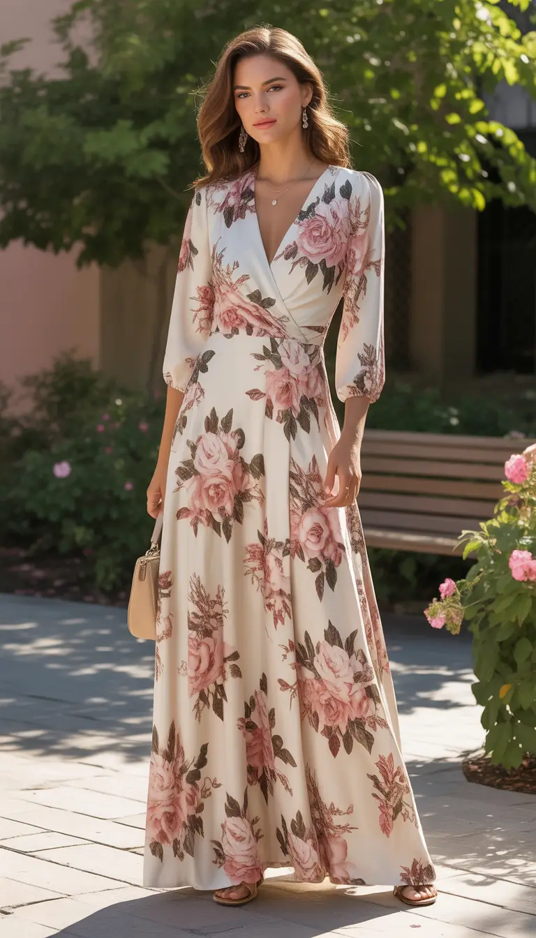 spring wedding outfit Classic Florals With a Timeless Wrap Silhouette
