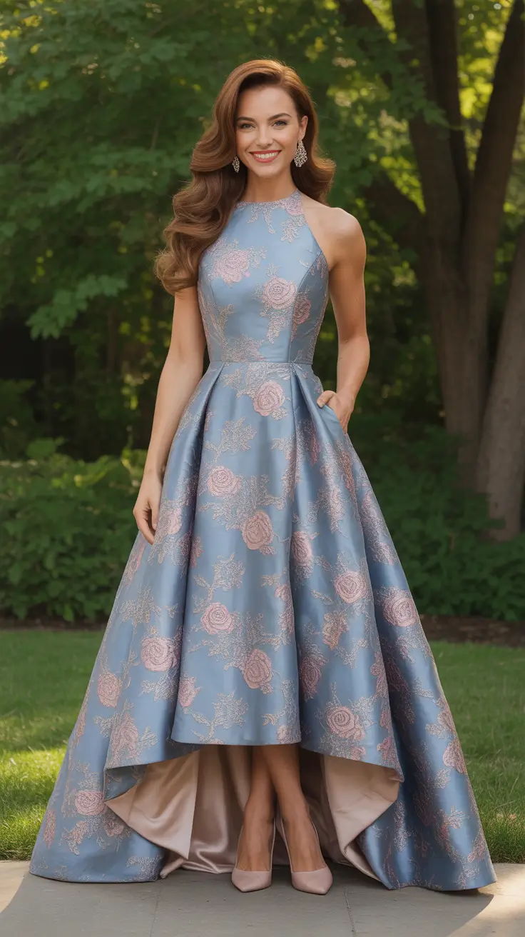 spring wedding outfit Soft Blue Brocade With a Classic Fairytale Shape