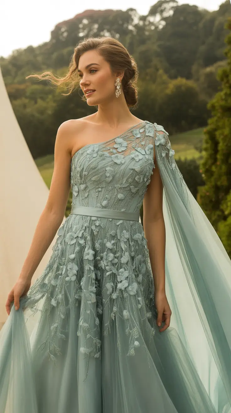 spring wedding outfit Mint Green Romance With One-Shoulder Elegance