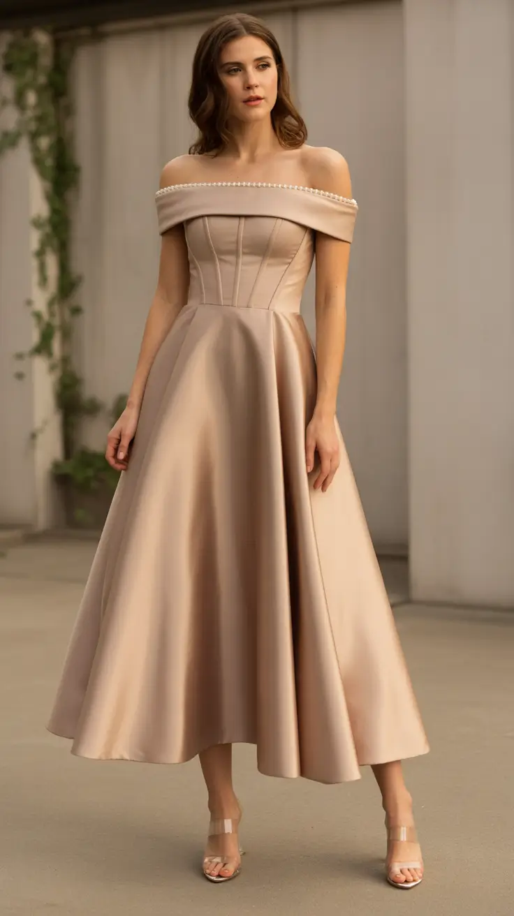 spring wedding outfit Champagne Satin With Pearled Restraint