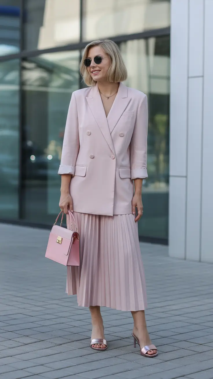 spring wedding outfit Soft Blush Layers for City Weddings