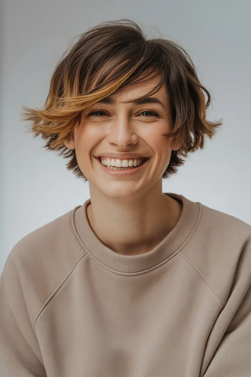 February Haircut Ideas Playful Short Crop With Warm Highlights
