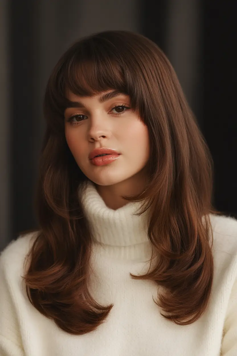 February Haircut Ideas Brunette Medium Cut With Full Fringe