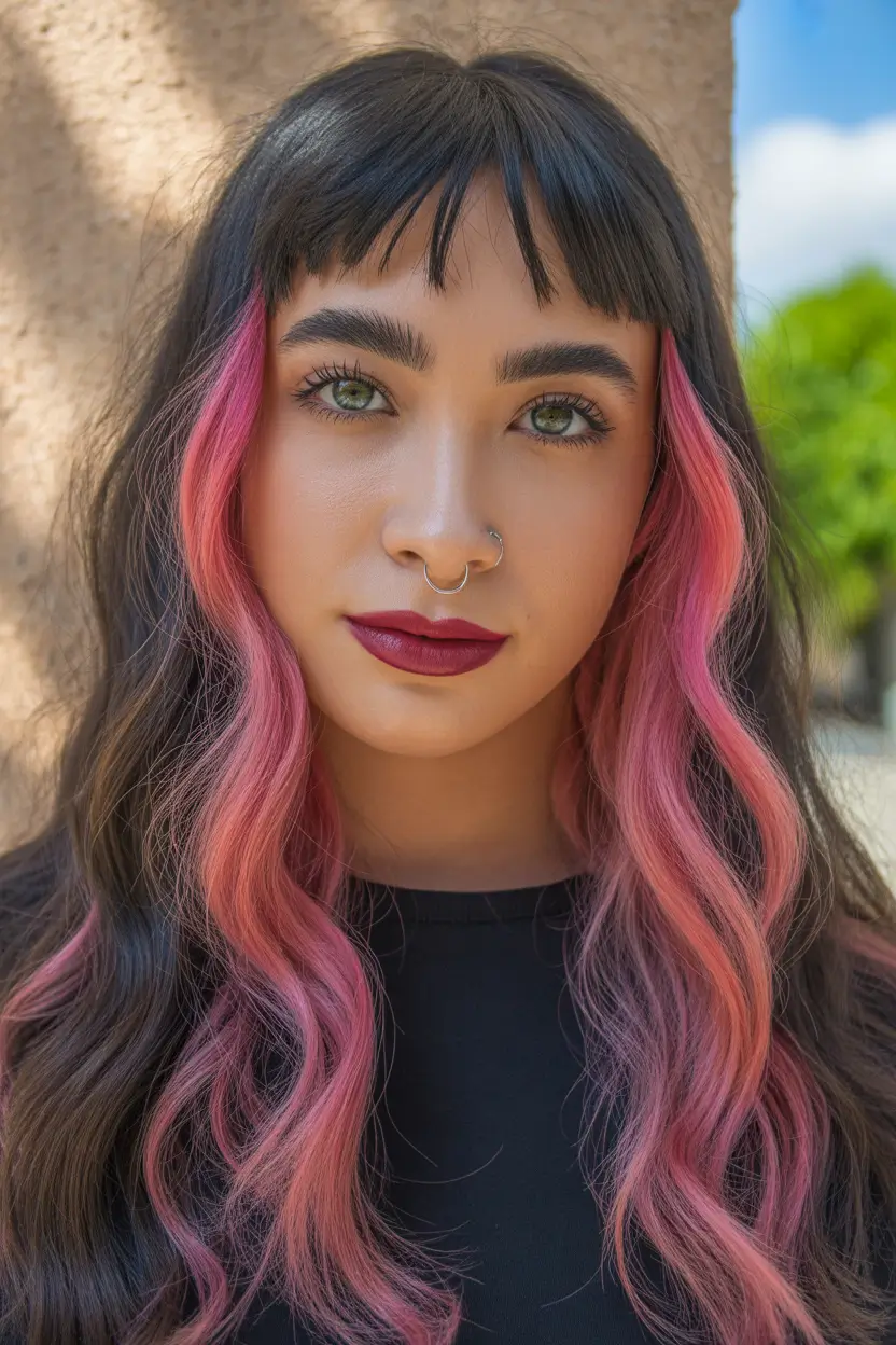 February Haircut Ideas Dark Hair With Pink Face Framing Waves
