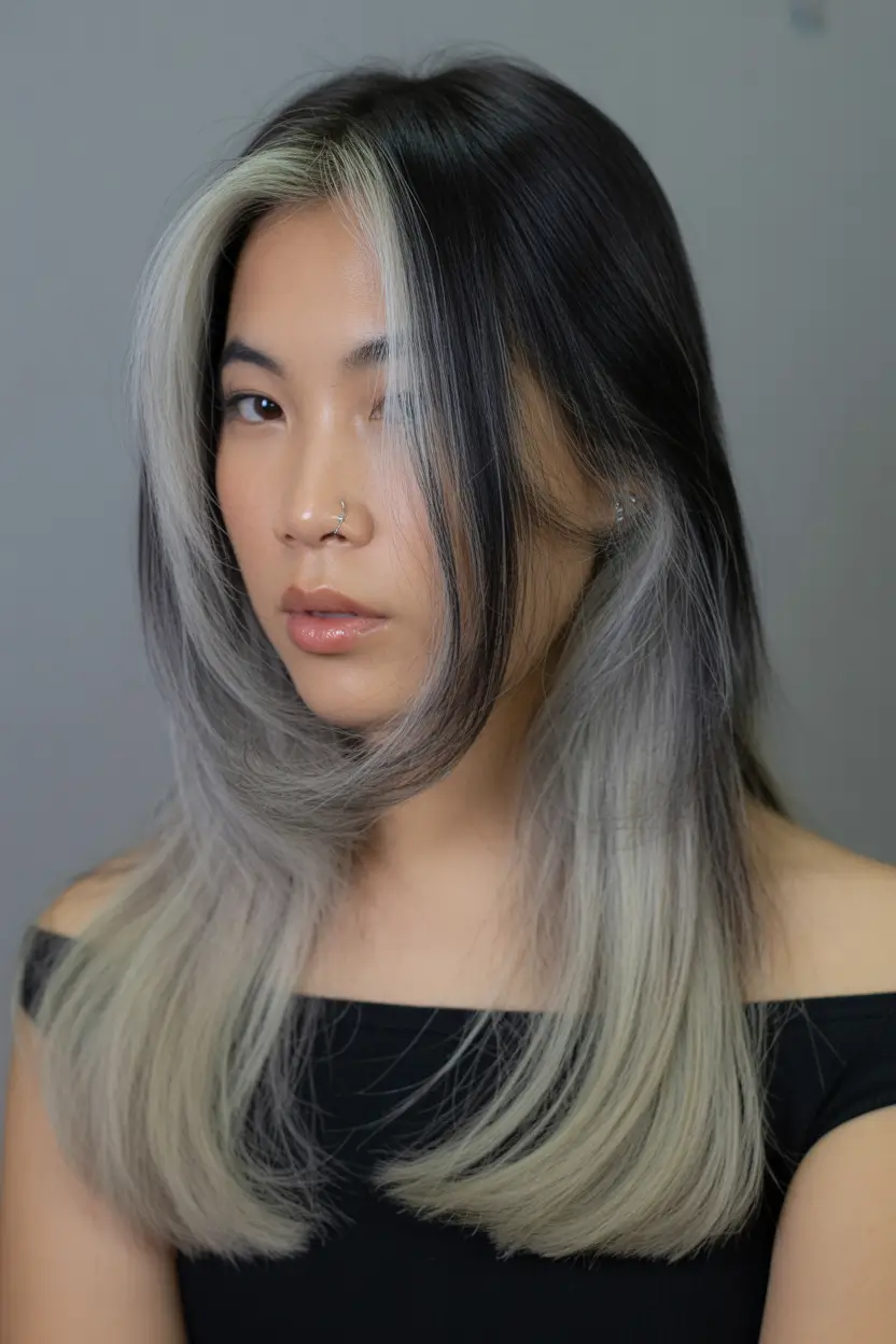 February Haircut Ideas Silver Melt Layers With Dark Root Contrast