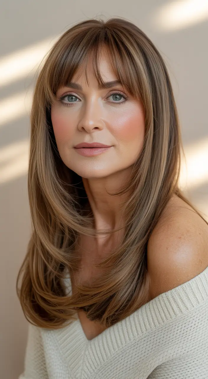 February Haircut Ideas Soft Brown Long Layers With Curtain Bangs