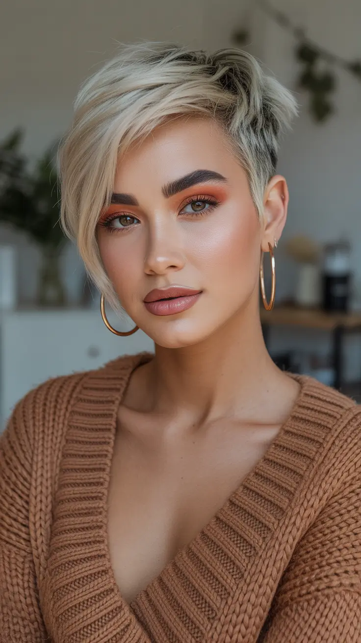 February Haircut Ideas Soft Blonde Pixie With Long Fringe