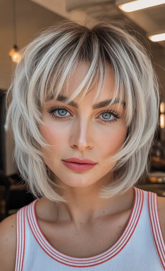 February Haircut Ideas Layered Platinum Bob With Wispy Bangs