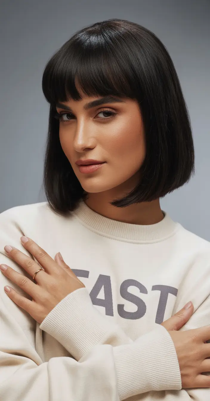 February Haircut Ideas Sleek Black Bob With Full Bangs