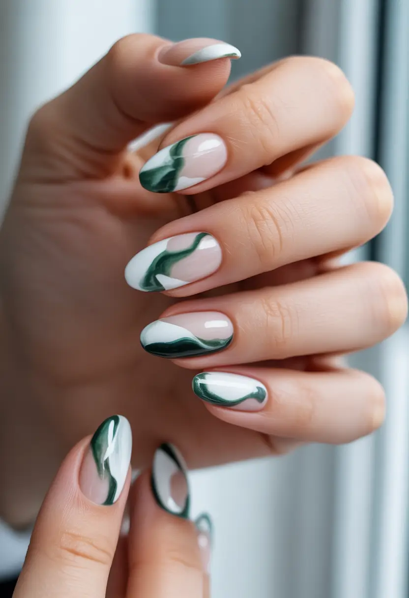 February nails Organic Green Waves on Almond Nails for a Calm February Mood