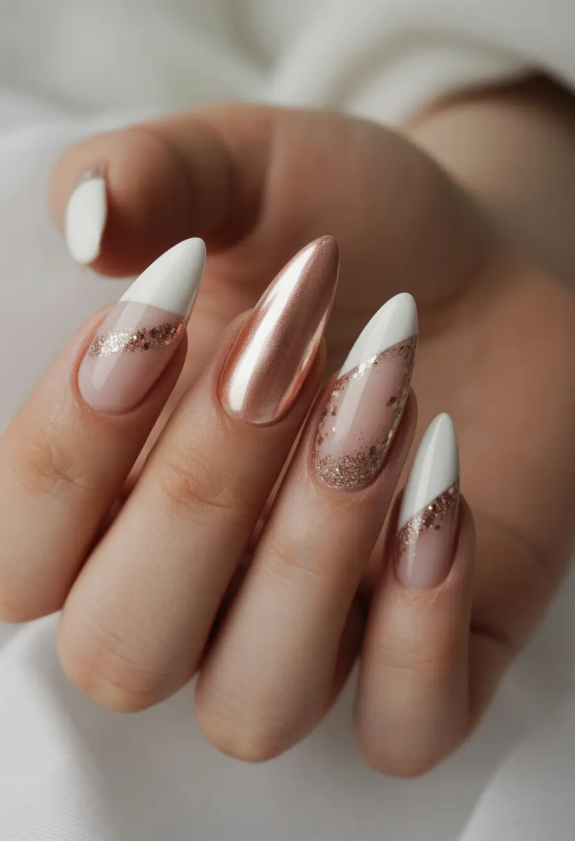 February nails Rose Gold and White Almond Nails With a Soft Metallic Glow