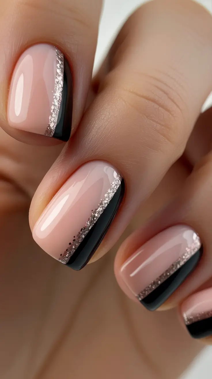 February nails Black French Short Nails With a Clean Graphic Edge