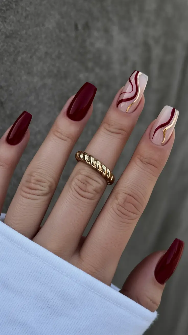 February nails Deep Red Square Nails With Minimal Line Art Accents