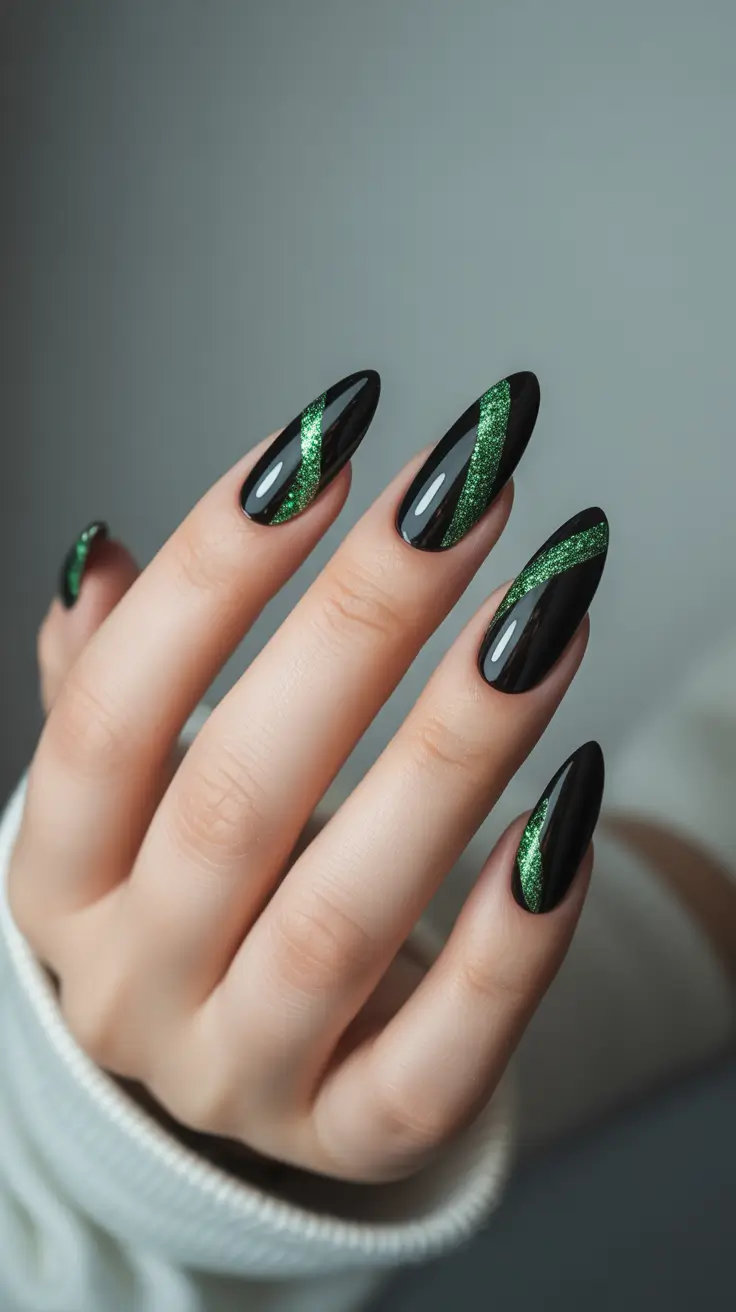 February nails Black Almond Nails With Emerald Glitter Lines for a Nighttime Mood