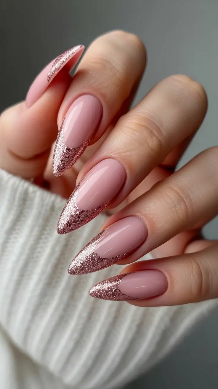 February nails Pink Glitter French Almond Nails That Feel Soft but Polished