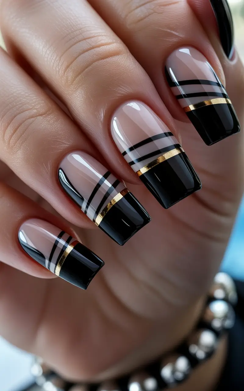 February nails Graphic Black Square Nails With Gold Line Details