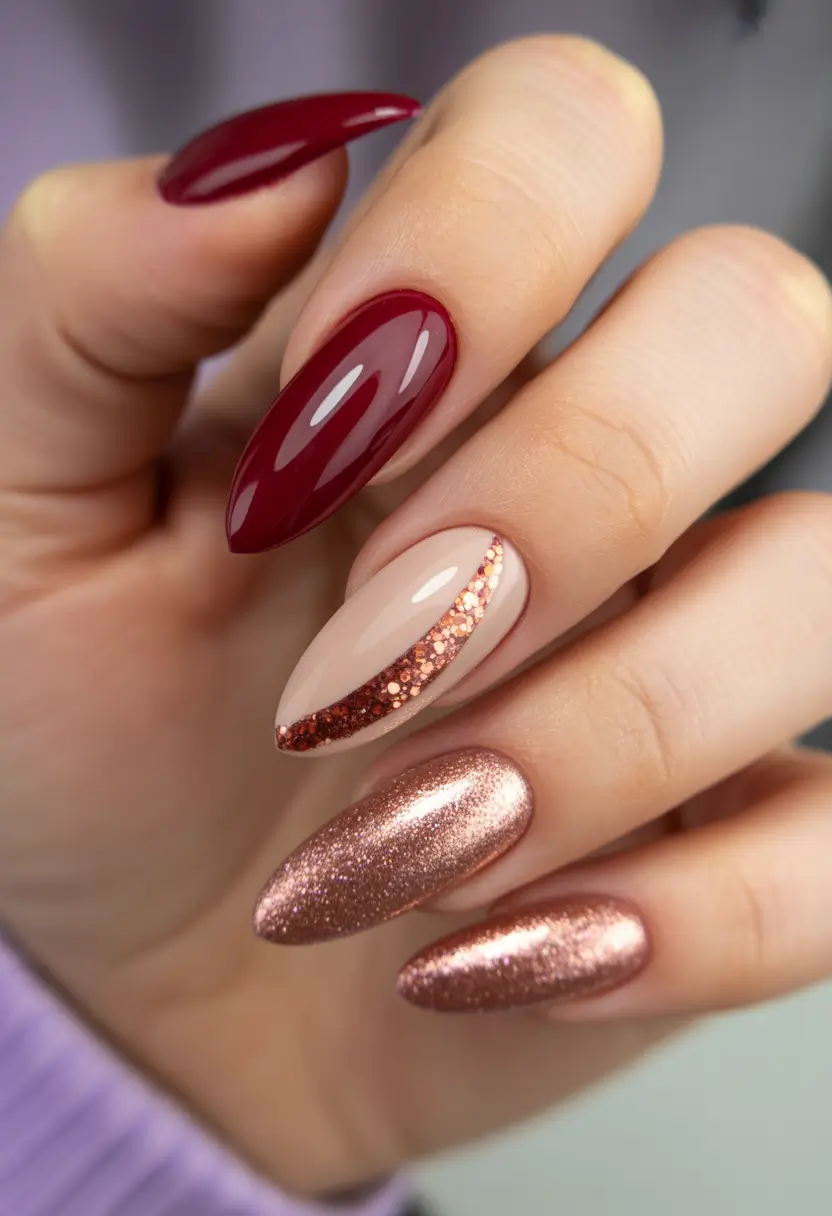 February nails Deep Red and Rose Gold Almond Nails With Mixed Finishes