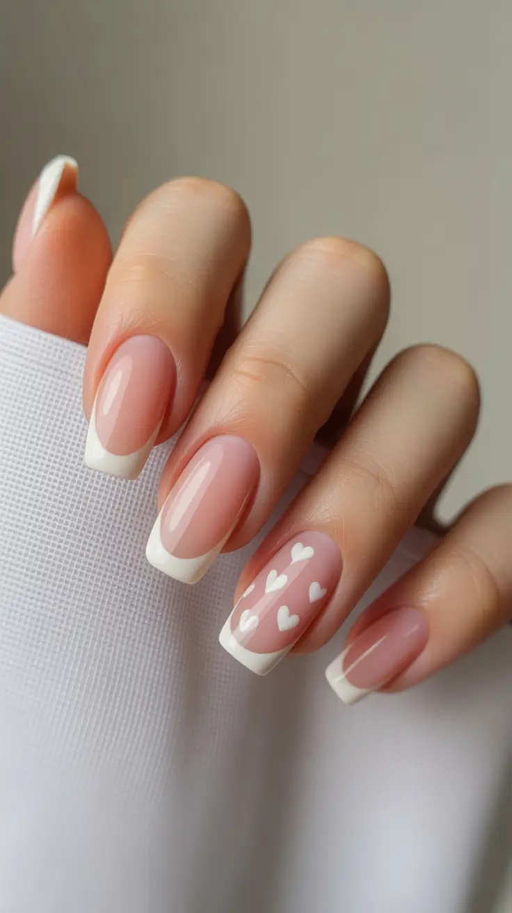 February nails Soft French Square Nails With Minimal Heart Details