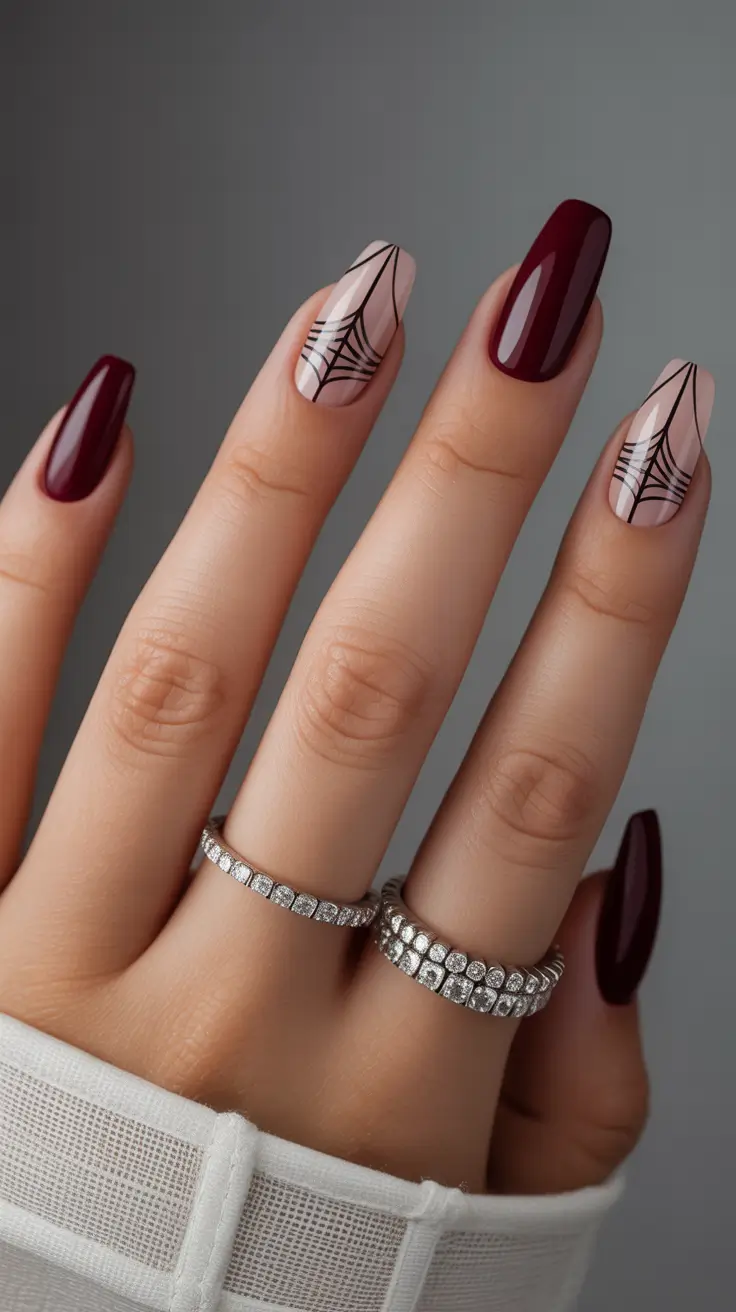 February nails Burgundy Almond Nails With Fine Graphic Line Art
