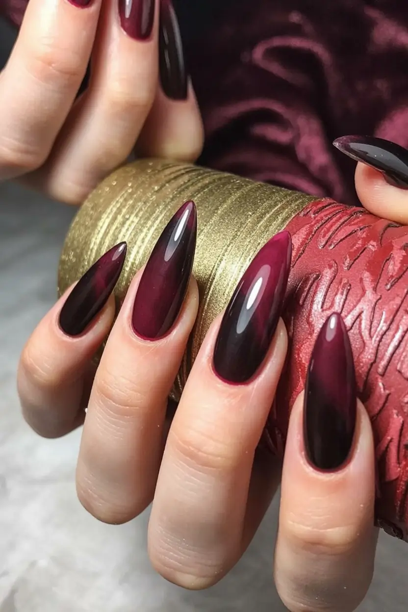 February nails High Gloss Wine Almond Nails for a Luxurious Finish