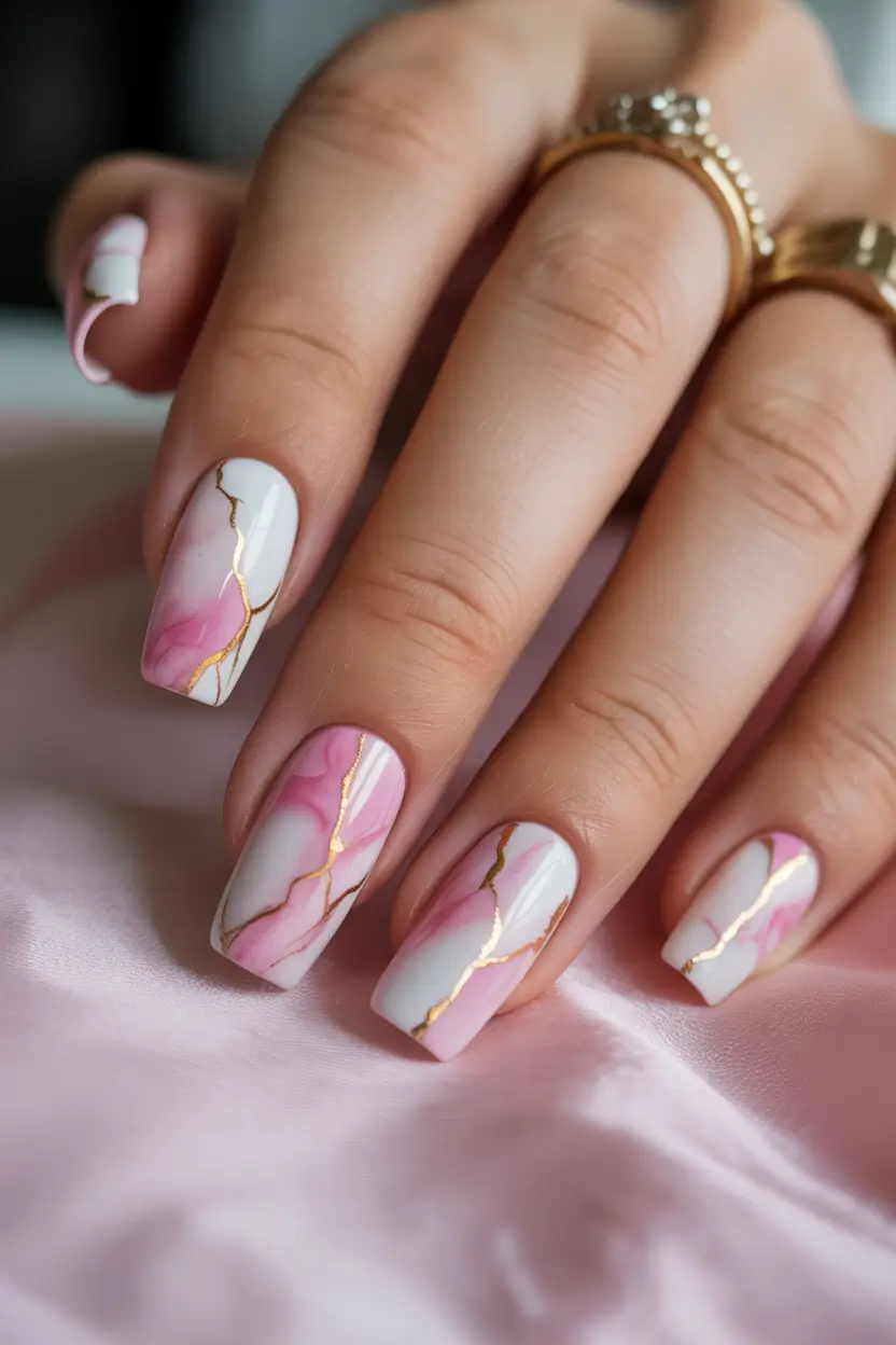 February nails Pink Marble Square Nails With Gold Veining