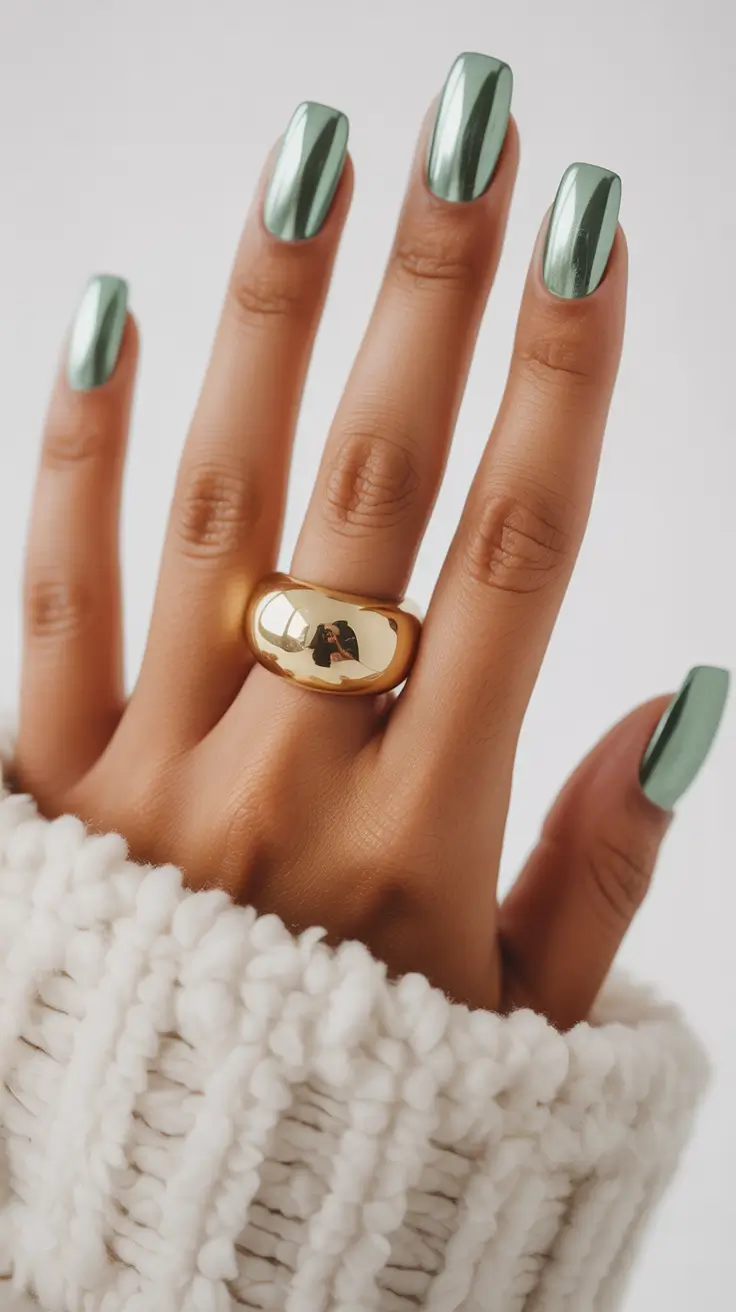 February nails Muted Green Chrome Nails That Feel Fresh for Late Winter