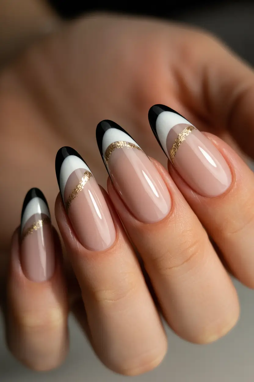 February nails Graphic French Almond Nails With a Gold Accent Twist