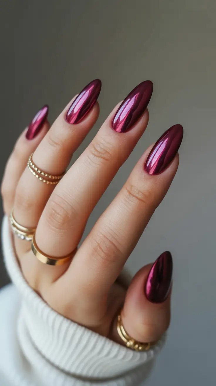 February nails Deep Cherry Chrome Almond Nails for Late February Drama