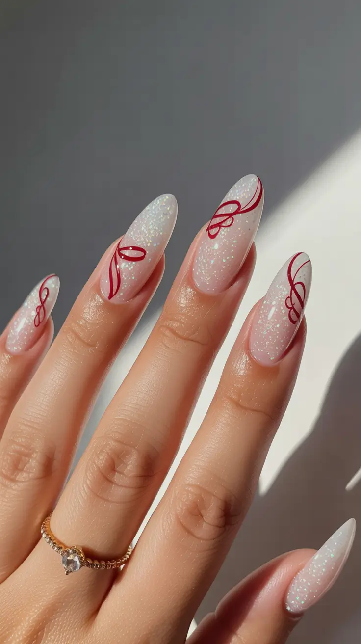 February nails Soft Sparkle Almond Nails With Delicate Red Line Art