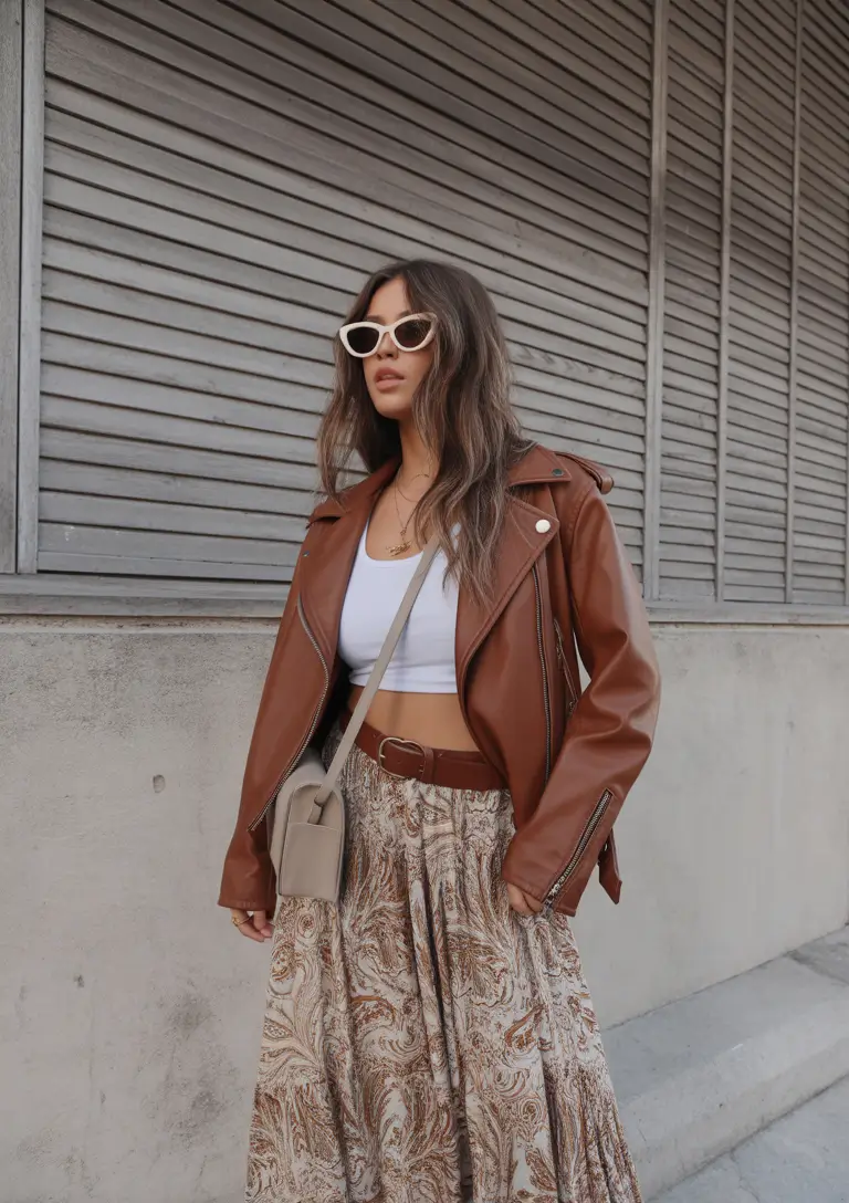 spring skirt outfits Leather Layers and Printed Romance