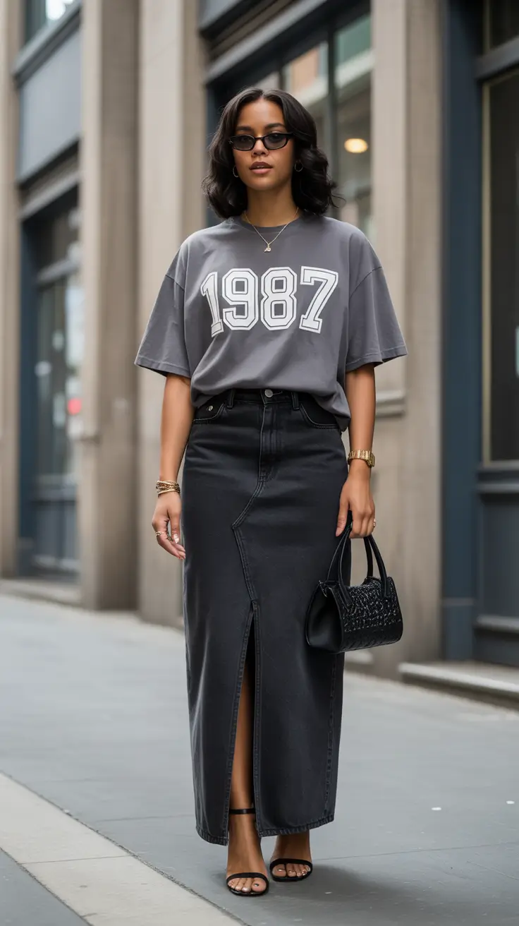 spring skirt outfits Graphic Tee Meets Modern Skirt