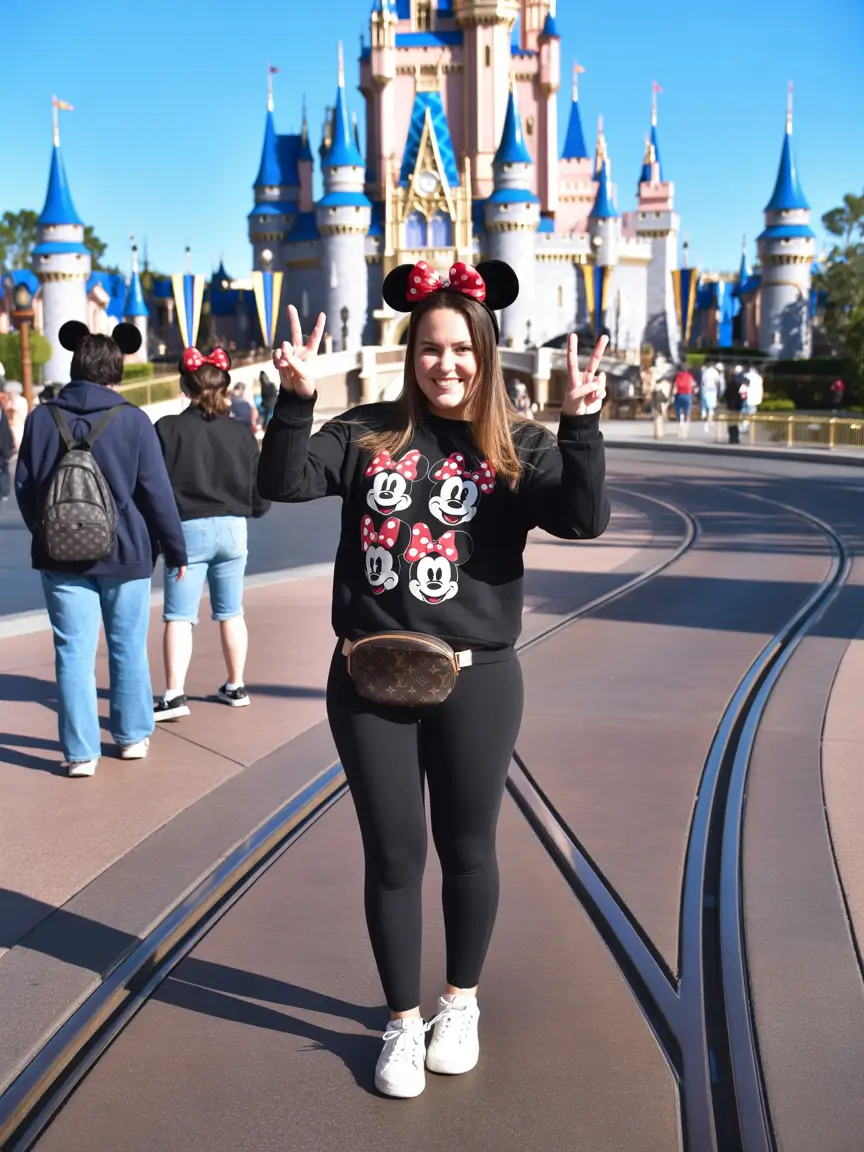 spring disneyland outfits All-Black Comfort With a Playful Minnie Accent