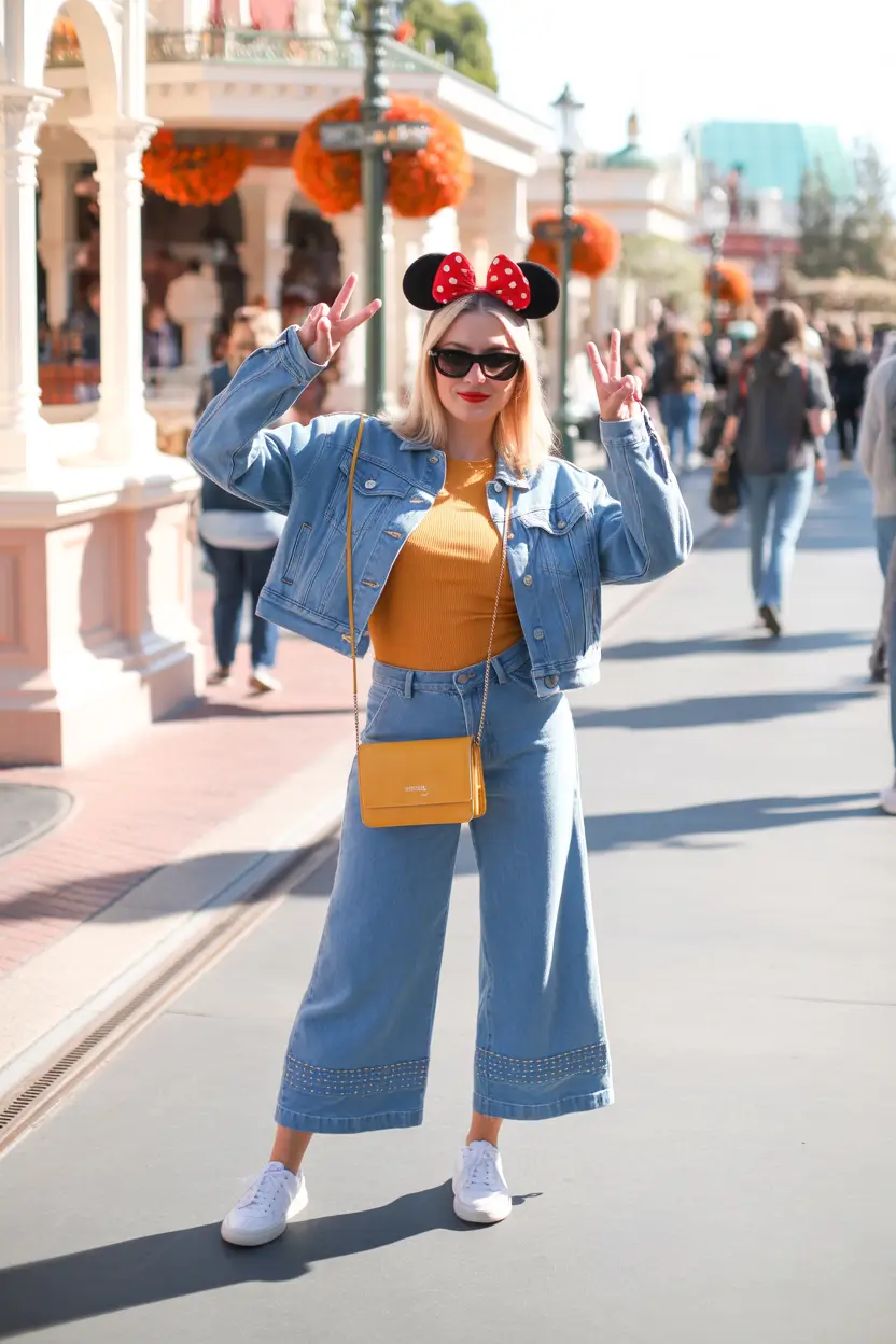spring disneyland outfits Denim-on-Denim With a Warm Color Pop